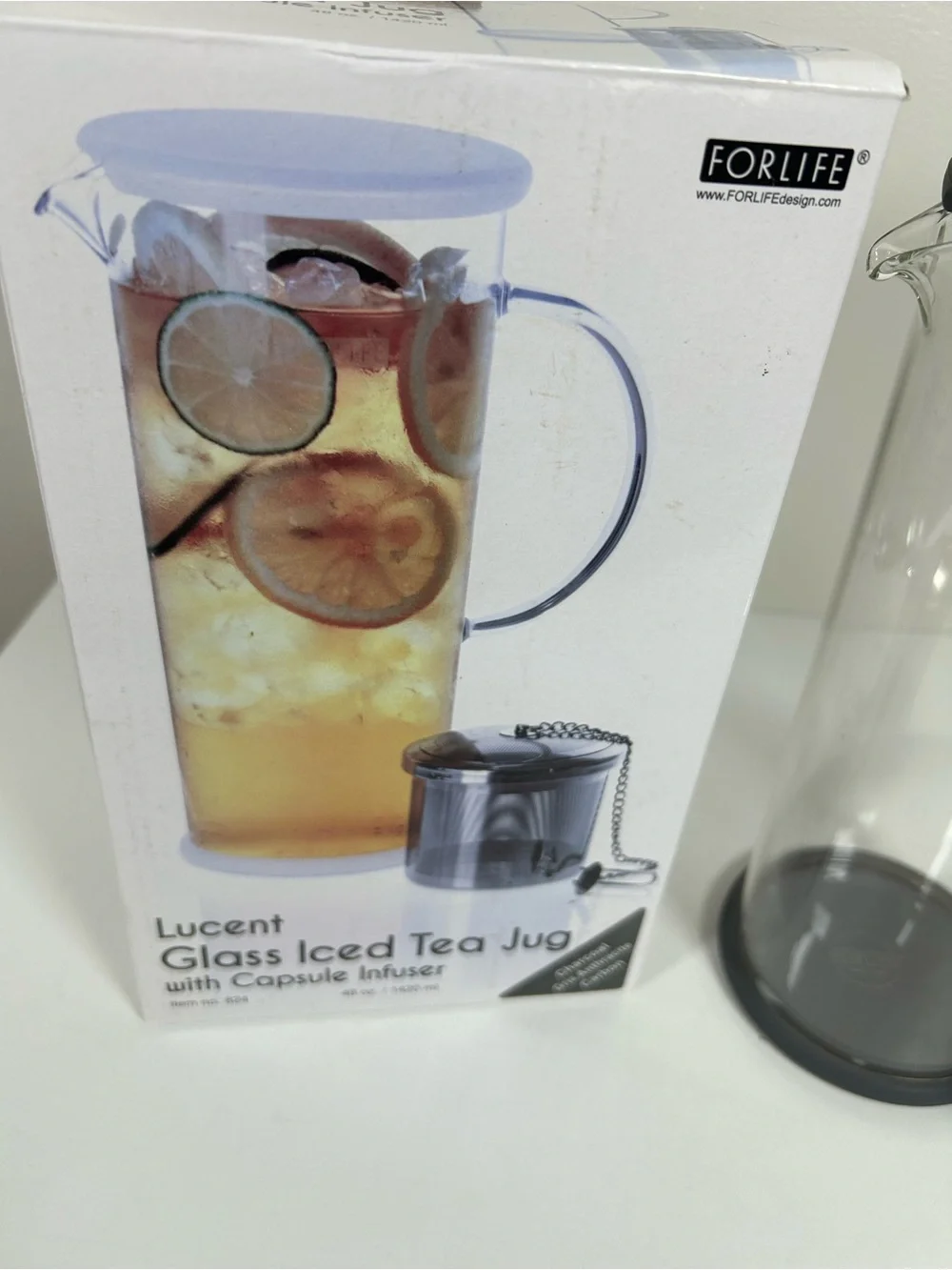 FORLIFE LUCENT Glass Iced Tea Jug with Charcoal Lid and Infuser 48-Ounce